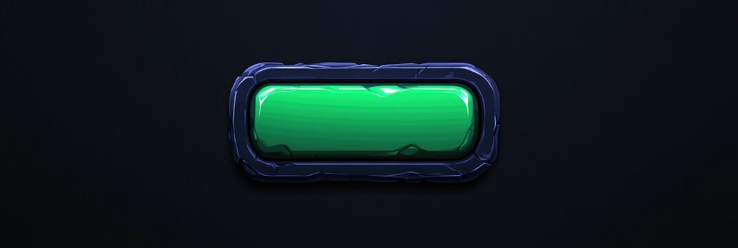 Green button with stone frame on black background.