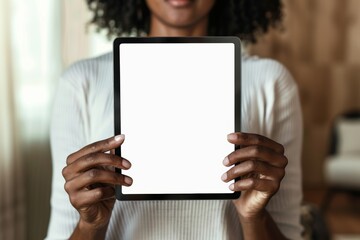 Application mockup afro-american woman in her 30s holding a tablet with a completely white screen
