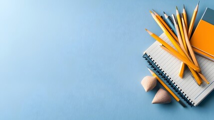 A tidy minimalist desk surface neatly arranged with a variety of essential school and office supplies including pens pencils rulers scissors and notebooks
