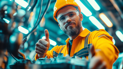 A mechanic gives a thumbs up while working on a car battery.