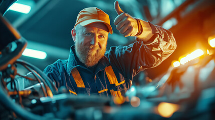 A bearded mechanic gives a thumbs up while working on a car in a garage.