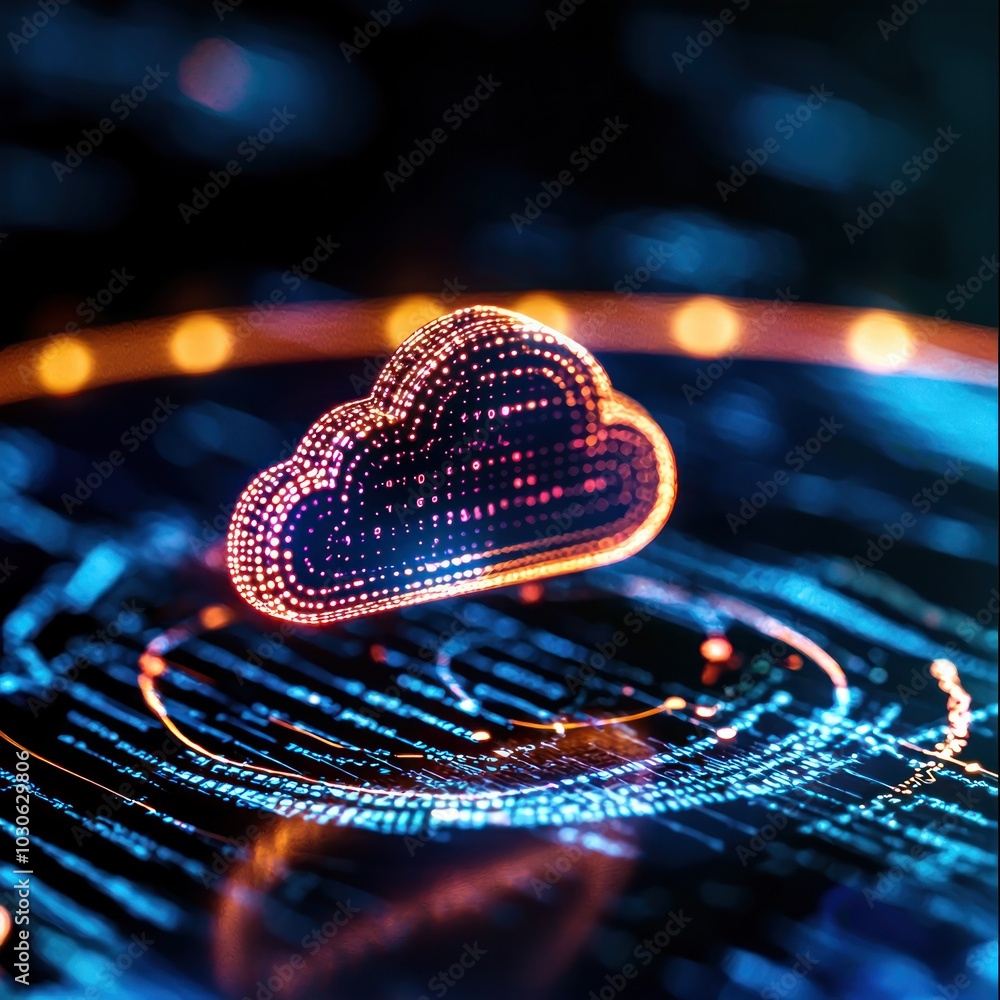 Poster produce a high-angle view image featuring sleek cloud computing servers, detailed data analysis grap