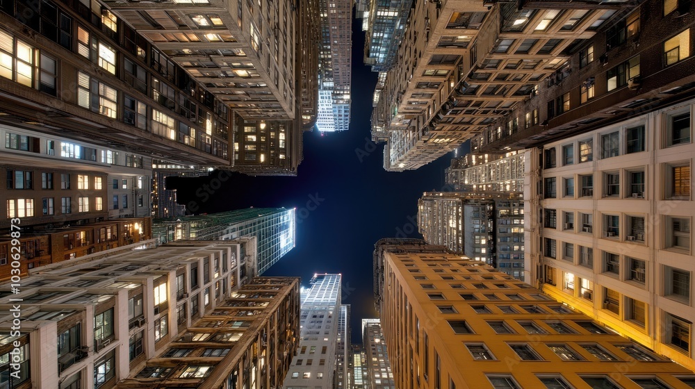Poster tall buildings stretch into the night sky, their windows glowing with life and creating intricate pa
