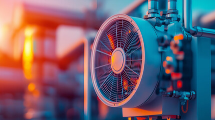 Close-up of a large industrial fan with a blurred background.