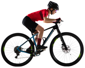 Concentrated young woman, cycling athlete in sportswear and helmet riding bicycle, training against transparent background. Concept of sport, action, competition, power and endurance, health