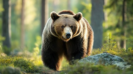 Fototapeta premium Wild Brown Bear in the summer forest. Animal in natural habitat.