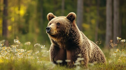 Fototapeta premium Wild Brown Bear in the summer forest. Animal in natural habitat.