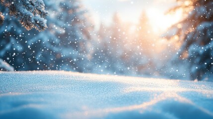 Snowy Landscape with Trees in a Blurred Forest