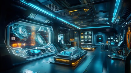 A futuristic museum with vintage spacecraft and alien artifacts on display, surrounded by holograms and neon-lit displays