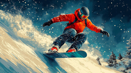 Snowboarder in red jacket riding down a snowy mountain slope