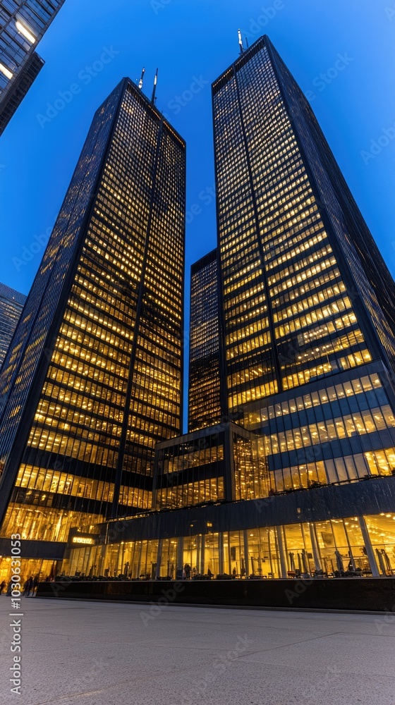 Poster tall buildings stretch into the night sky, their windows glowing with life and creating intricate pa