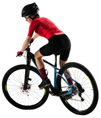 Back view. Portrait of female professional cycling athlete, young woman on road bicycle practicing...
