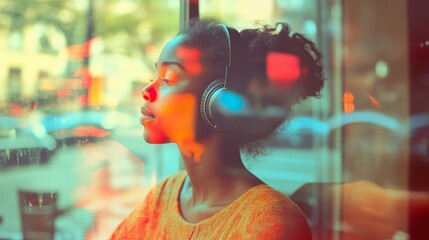 Obraz premium Full shot of African American woman wearing headphones in a New York cafe with geometric overlay and cross processing, highlighting a modern urban lifestyle and creative ambiance.