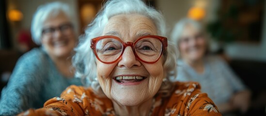 Happy senior woman taking a selfie with her friends.