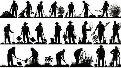 Set of 9 Black Silhouettes of Gardeners