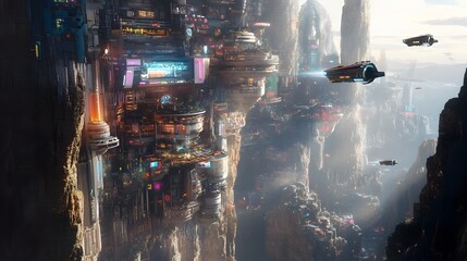 A futuristic city built into towering cliffs, with retro architecture and flying vehicles zooming between neon-lit buildings