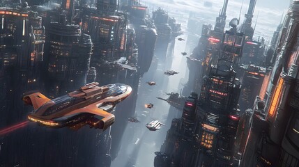 A futuristic city built into towering cliffs, with retro architecture and flying vehicles zooming between neon-lit buildings