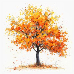 Big Tree Ink Painting of Maple Tree with Orange and Yellow Leaves on White Background Generative AI