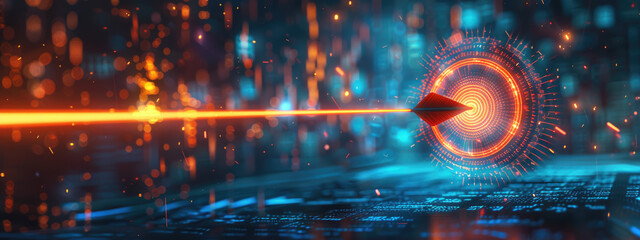 Obraz premium A glowing arrow pierces a circular target, glowing target, arrow shooting towards the center, hitting targets, achieving goals, a sense of futuristic innovation.