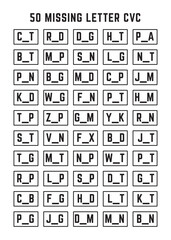 50 Missing Letter CVC Work Sheet For Kids