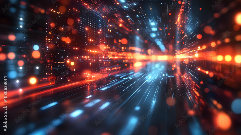 Poster abstract digital visualization of vibrant light trails and data.