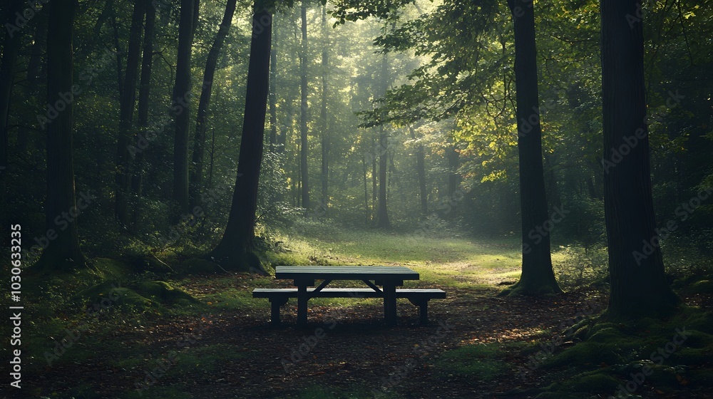 Poster 84. a tranquil forest clearing with an empty picnic setup