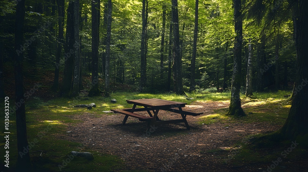 Poster 84. a tranquil forest clearing with an empty picnic setup