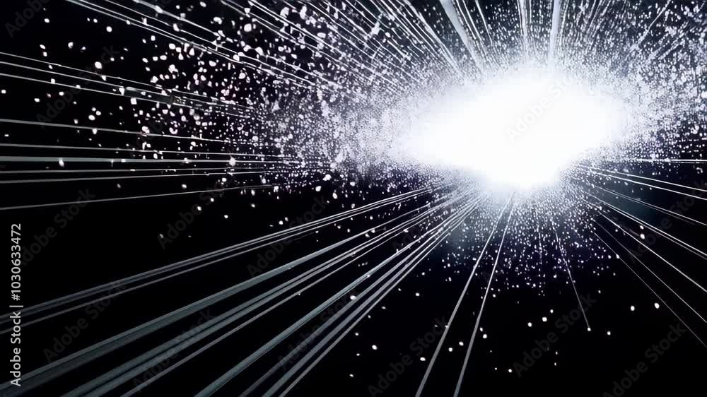 Poster cosmic explosion of bright light stunning visuals of dynamic rays and particles in dark space, evoki