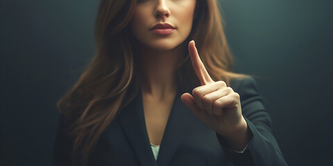 Obraz premium Businesswoman making a confident gesture, pointing upward with focus, symbolizing leadership and authority