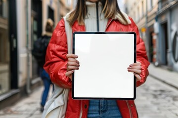Digital mockup woman in her 40s holding a tablet with a fully white screen