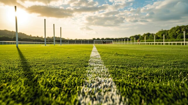 A pristine polo field meticulously maintained with freshly painted white goalposts and perfectly trimmed grass waiting for the match to begin.