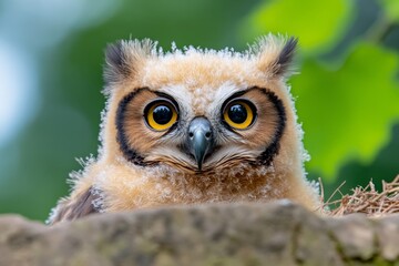 Naklejka premium Baby owl peeking from a nest, with fluffy down feathers