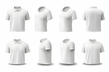 Eight realistic white polo shirts in different poses for mockup.