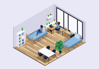 Isometric Characters, Personage. Large bright room in the student dormitory for girls. Students study in their room