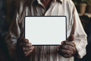 Naklejka premium Showcase screen indian man in his 60s holding a tablet with a fully white screen