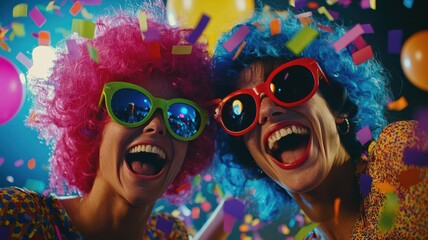 Friends in bright wigs celebrating carnival with ballons background