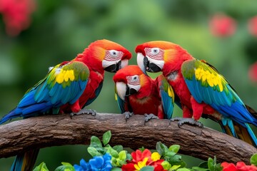 Obraz premium Colorful macaw family, preening each other on a tree branch