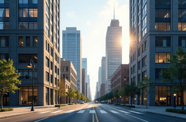 Cityscape of a big city with high-rise buildings, street with road and transport