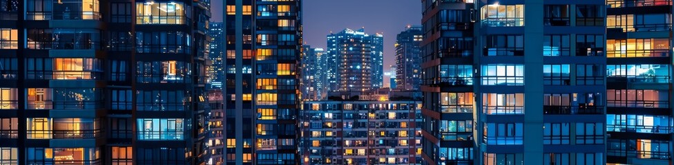 Obraz premium Night View of Modern Apartment Buildings with Many Windows Lit Up, Photorealistic High Resolution Generative AI