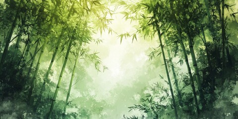 Naklejka premium A lush green forest with a bright sun shining through the trees