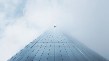 Fototapeta premium Portrait of an outdoor glass cleaner scaling a tall office building using a suspended harness photo