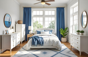 the interior of a bright children's room in a nautical style