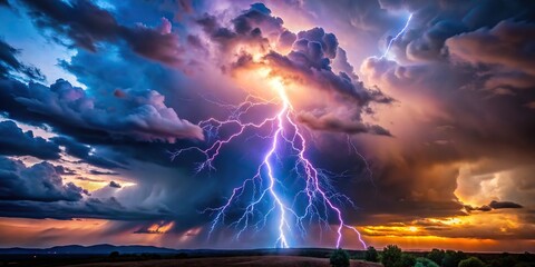 Obraz premium Huge lightning bolt lights up storm clouds with amazing colors from a low angle view