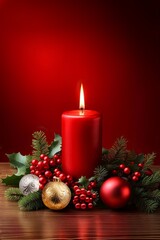 Christmas decoration on table greeting card, burning red candle bauble pine berries red background, copy space