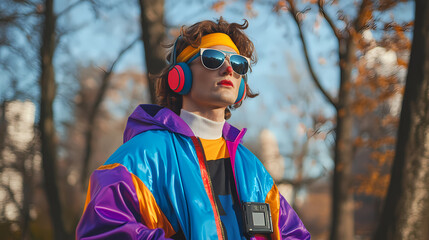 Generative AI, Neon Nostalgia: Clown in Headband and Retro Windbreaker
