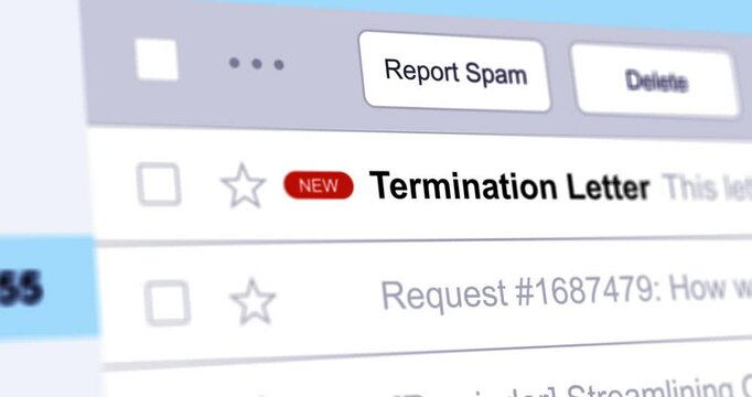 Incoming email with termination letter, new e-mail in inbox folder with dismissal notification, webmail interface close-up footage