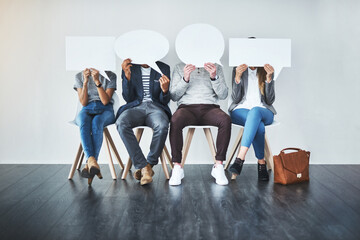 Group, job interview and row in waiting room, speech bubble and recruitment for business and social...