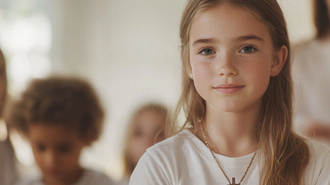 Portrait of a Catholic youth leader teaching children how to use rosaries during Sunday school photo