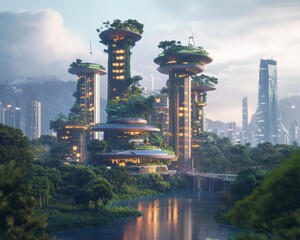 Futuristic Urban Landscape with Lush Greenery