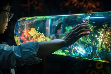 Curious man is exploring an interactive exhibition and touching the transparent surface of a cylindrical display showcasing colorful plants and flowers